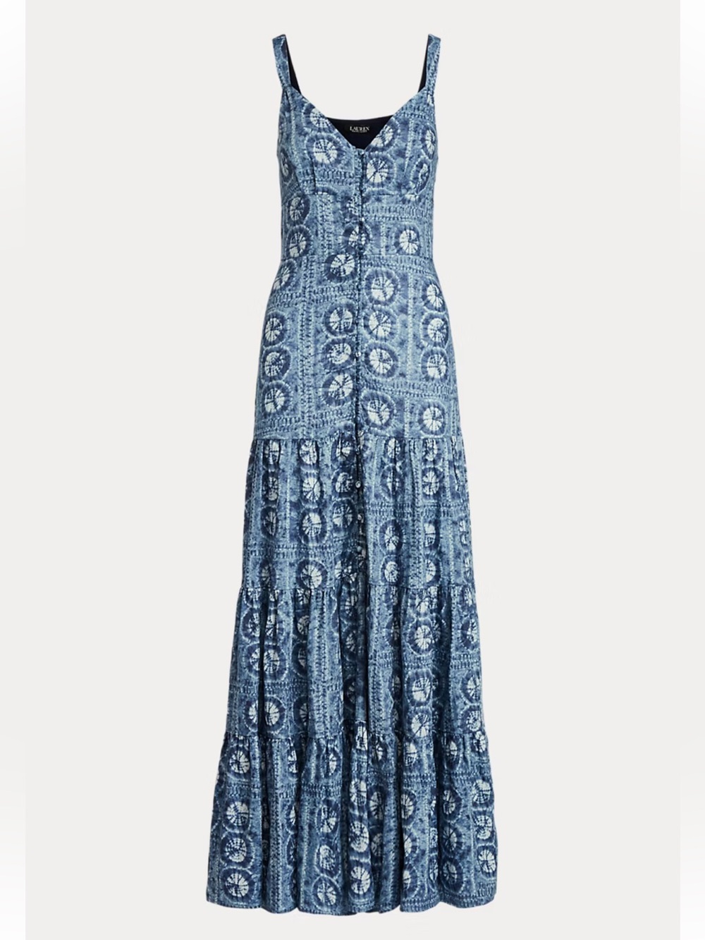 Ralph Lauren Geo Print Linen Maxi Dress Blue White Tiered A-Line Tie Die Size 12